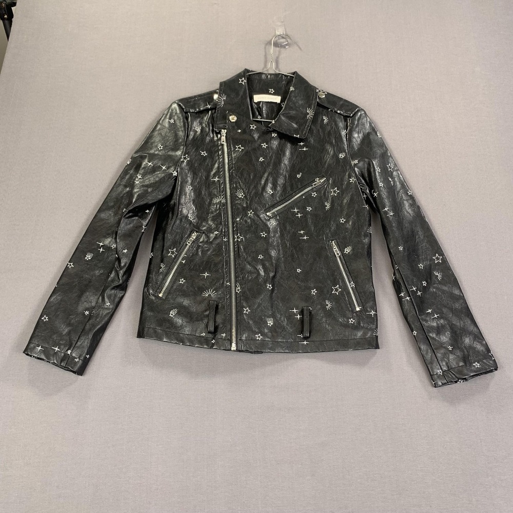 Honey Punch Moto Jacket Womens Small Black Faux Leather Stars Embroidered Zip